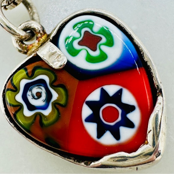 Vintage Millefiori Heart Necklace Italian 925 Sterling Silver Box Chain Red Blue - Picture 1 of 11